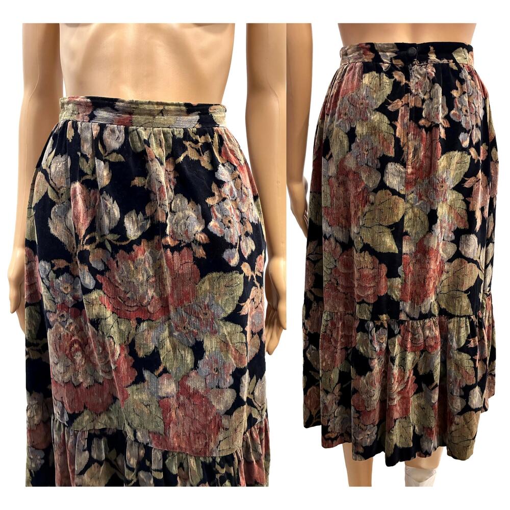 70s Strawberry Plant Velvet Floral Skirt Dorothy Schoelen Midi Ruffle Hem XS - Picture 6 of 8